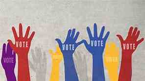 Hands in the air with "Vote" written on them.